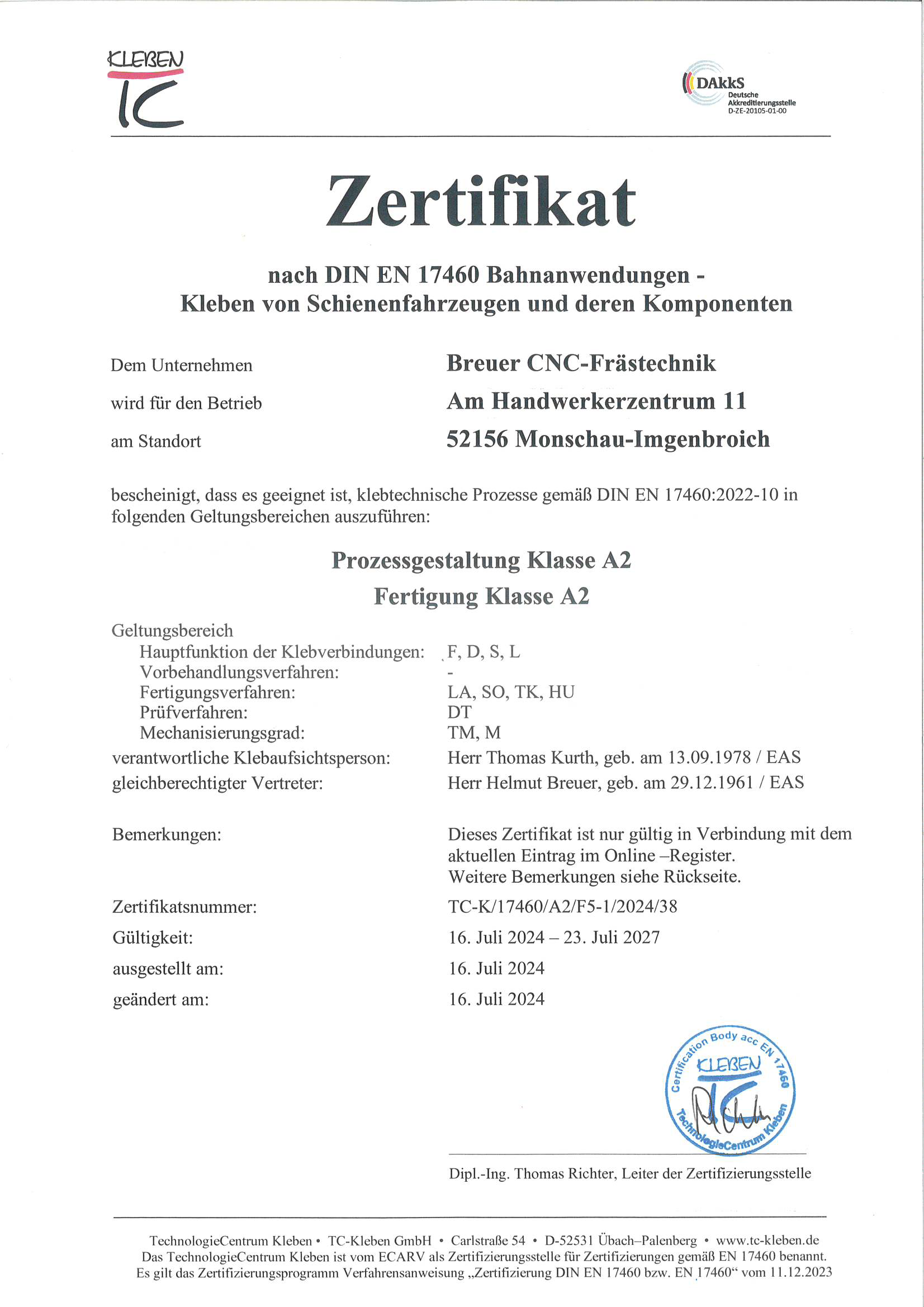Zertifikat nach DIN EN 17460 Bahnanwendungen - Kleben von Schienenfahrzeugen und deren Komponenten